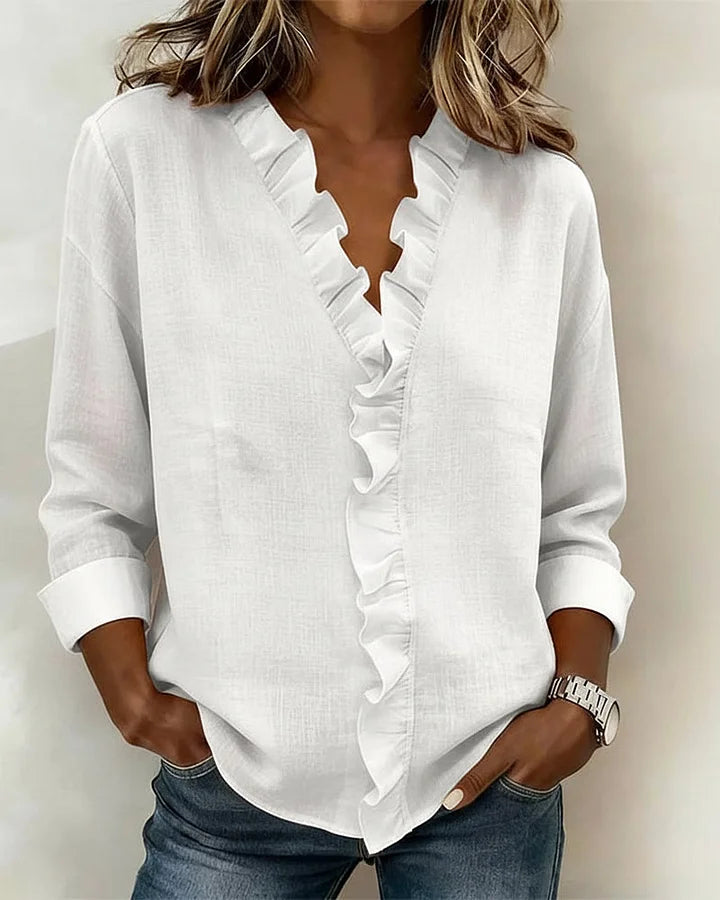 Susan | Blouse with Ruffles, V-Neck and Long Sleeves