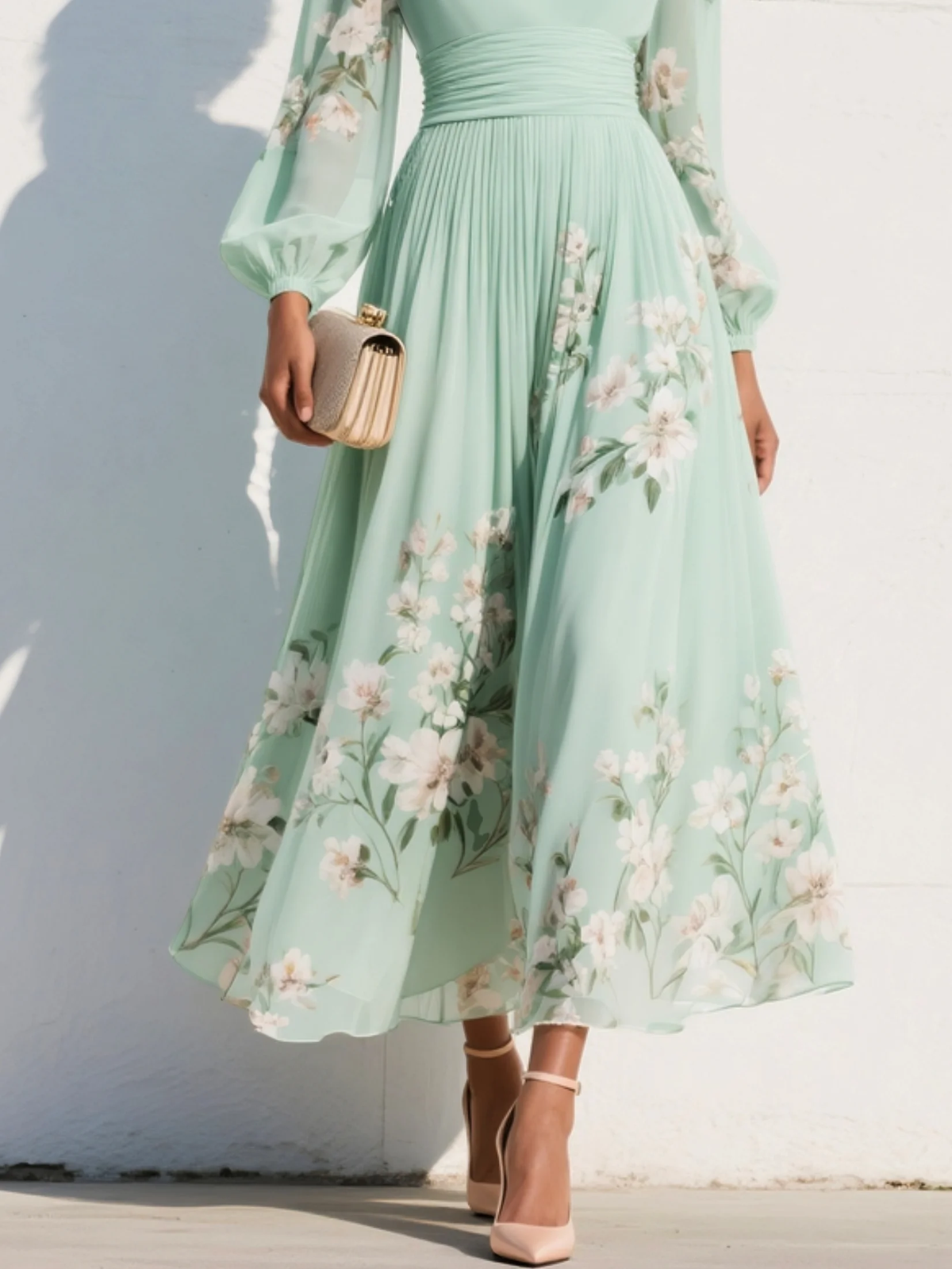 Light Green V-Neck Chiffon Pleated Floral Midi Dress