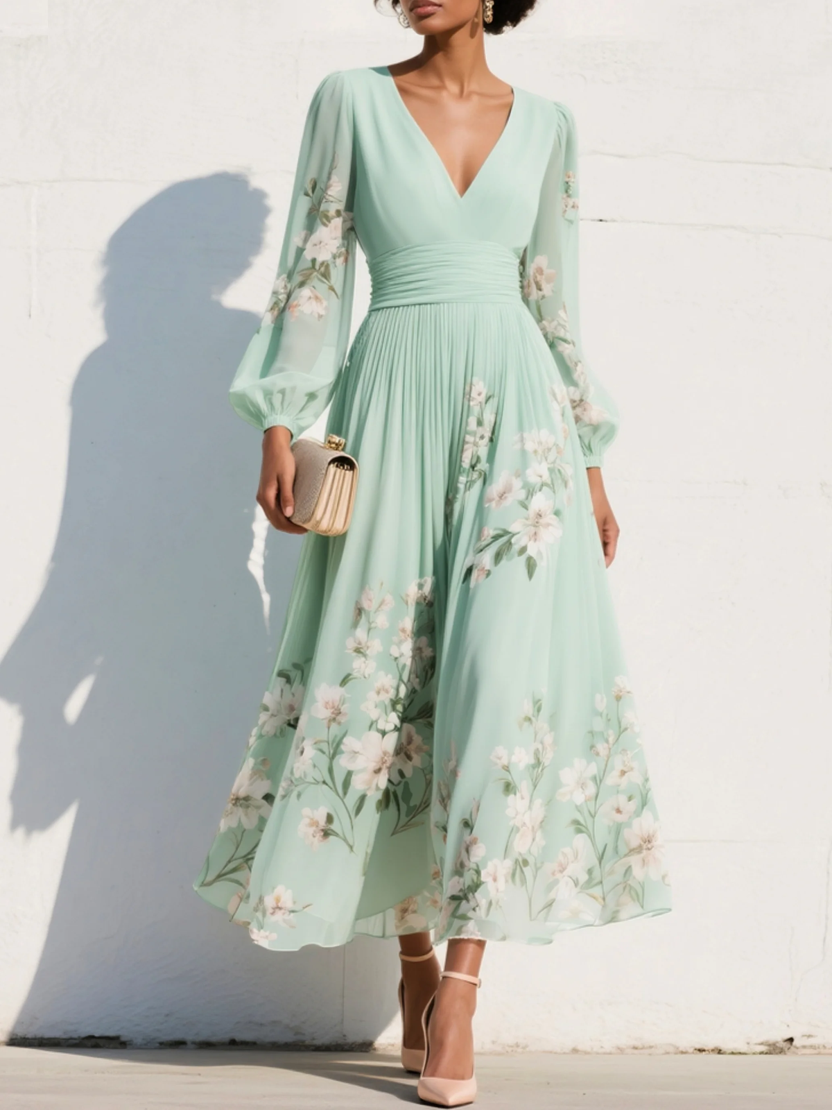Light Green V-Neck Chiffon Pleated Floral Midi Dress