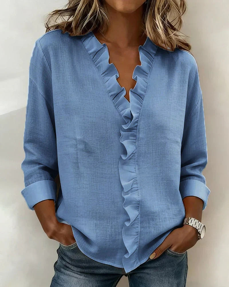 Yvonne | Blouse with Ruffles, V-Neck and Long Sleeves