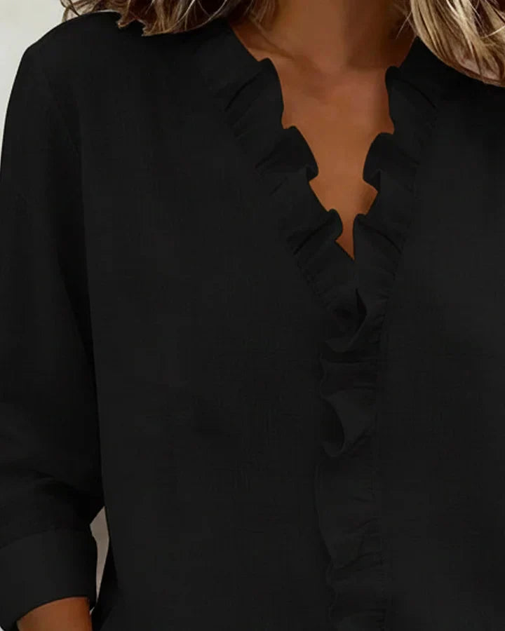 Yvonne | Blouse with Ruffles, V-Neck and Long Sleeves