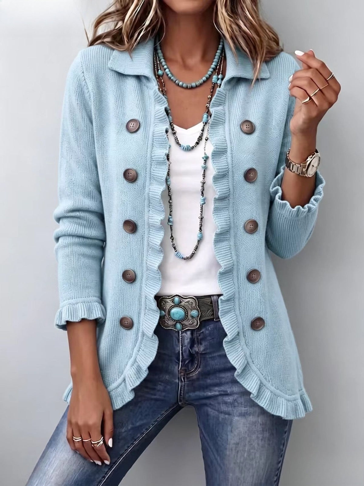 The Perla Powder Blue Ruffle Jacket