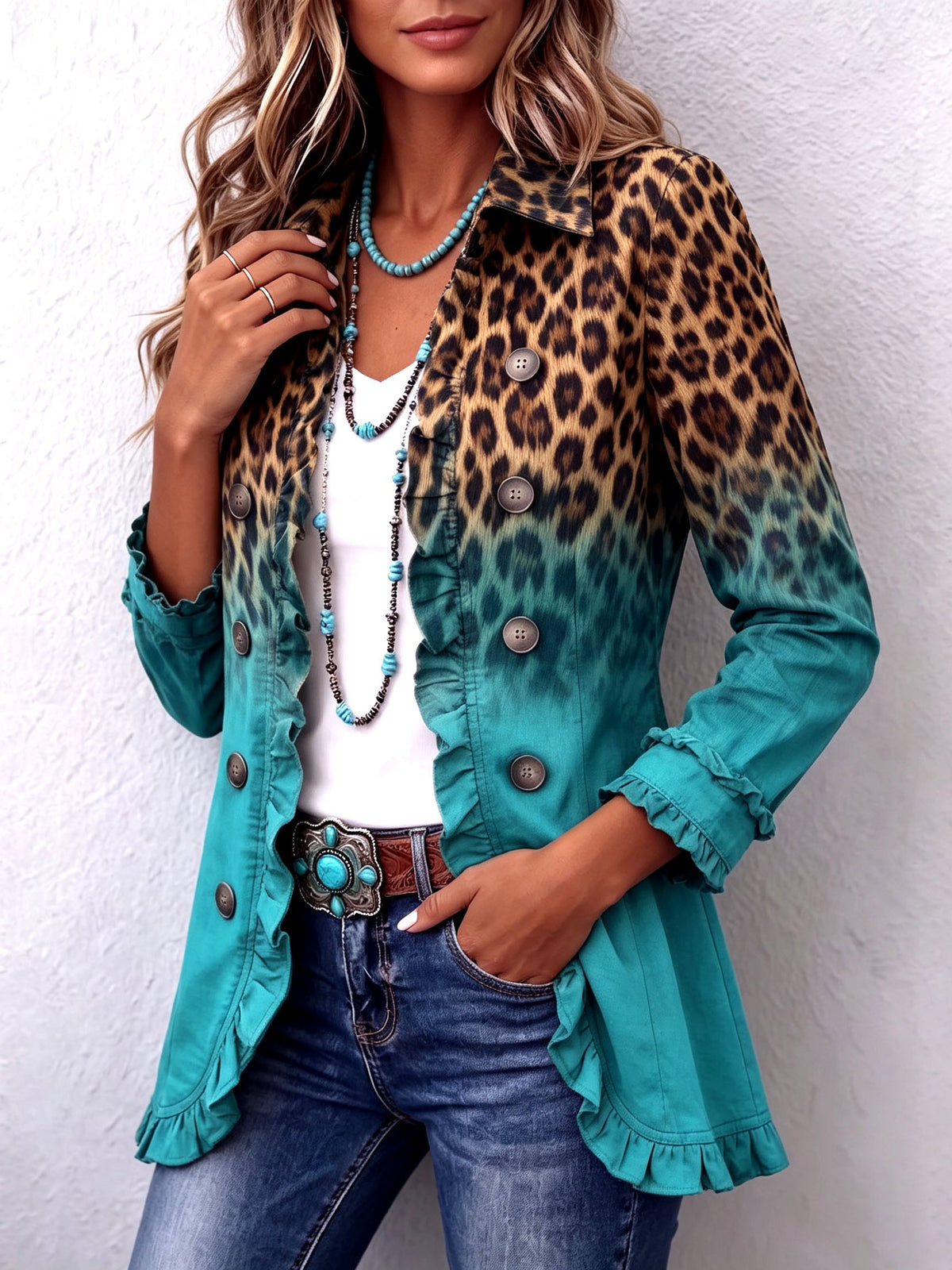 The Bice Turquoise Ombre Leopard Blazer