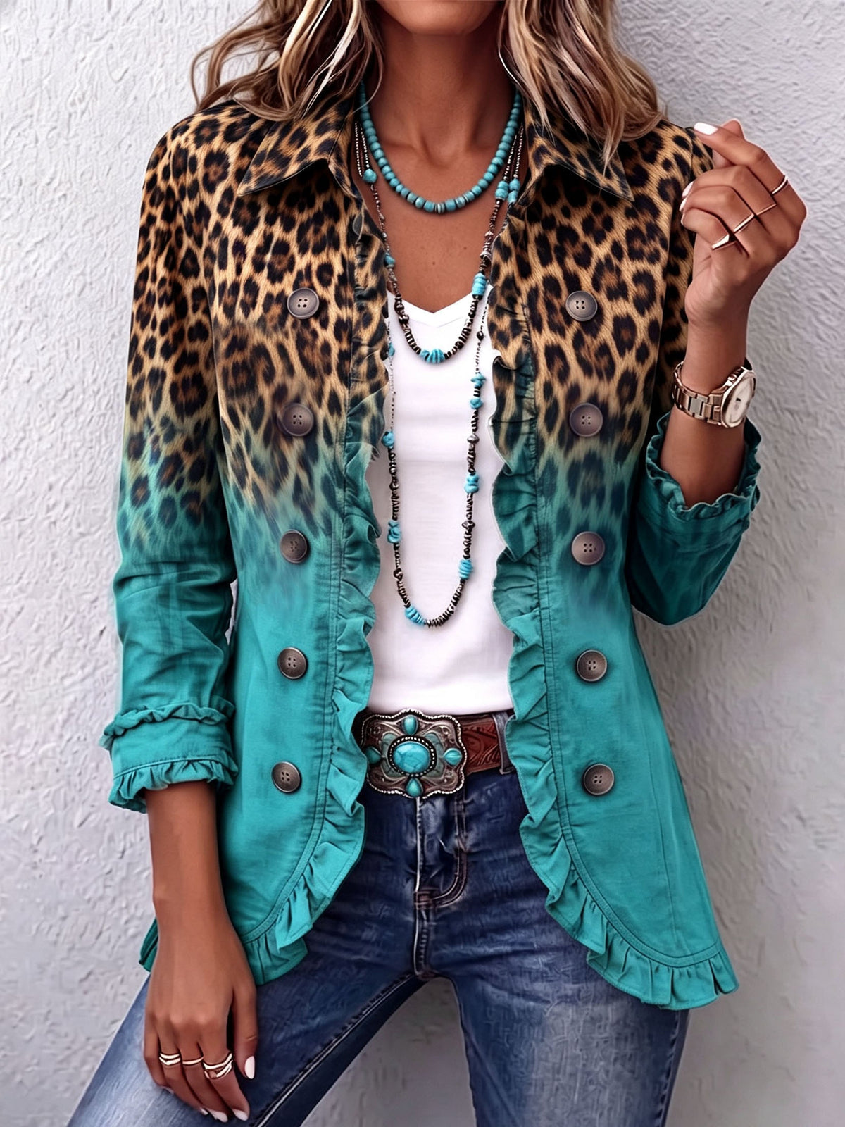 The Bice Turquoise Ombre Leopard Blazer
